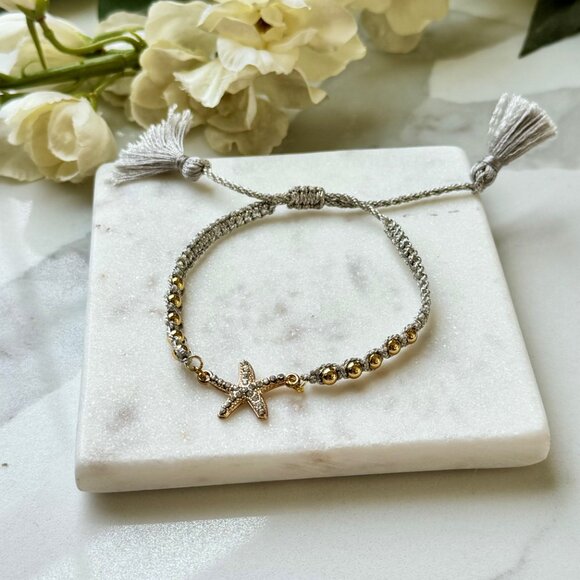 Rhinestones gold plated starfish grey cord adjustable bracelet ibiza boho style - Picture 2 of 5